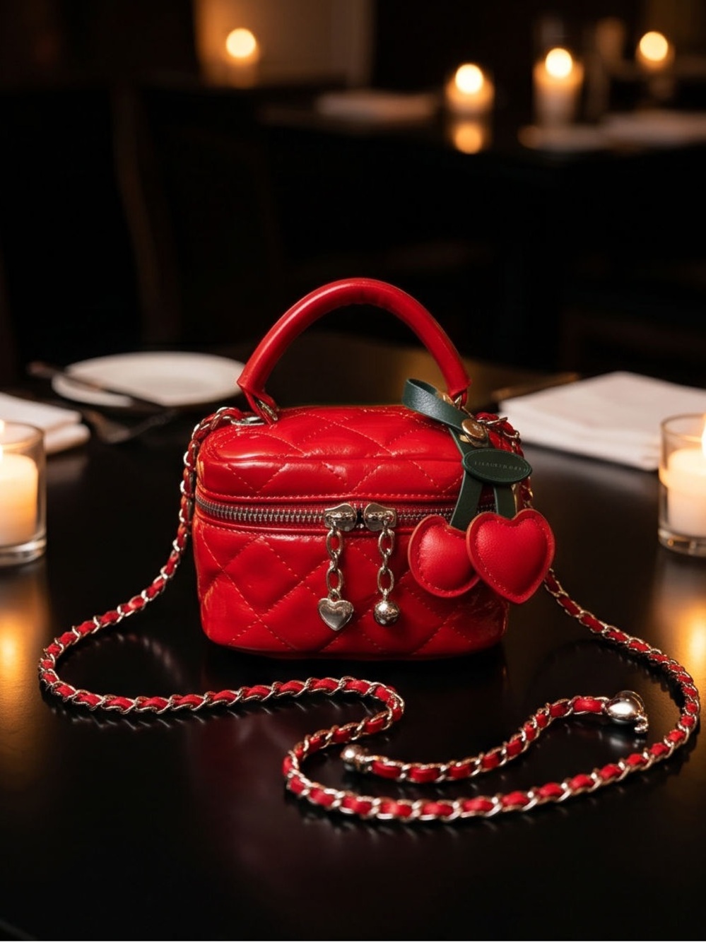 Mini Red Quilted Crossbody Bag with Heart Charms - Picture 4 of 5